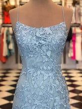 Open Back Prom Dresses Spaghetti Straps Sweep Train Long Mermaid Blue Prom Dress JKL1380|Annapromdress