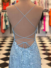 Open Back Prom Dresses Spaghetti Straps Sweep Train Long Mermaid Blue Prom Dress JKL1380|Annapromdress