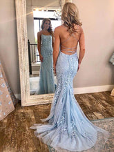 Open Back Prom Dresses Spaghetti Straps Sweep Train Long Mermaid Blue Prom Dress JKL1380|Annapromdress