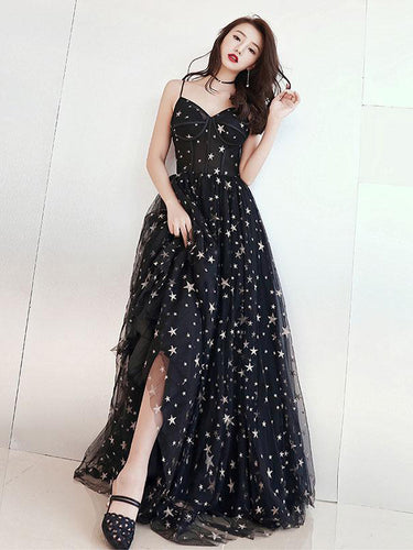 Chic Prom Dresses A-line Floor-length Star Lace Beautiful Long Black Prom Dress JKL1384|Annapromdress