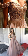 Sparkly Prom Dresses Off-the-shoulder Sweep Train Long Organza Prom Dress JKL1387|Annapromdress