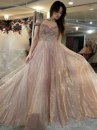 Sparkly Prom Dresses Off-the-shoulder Sweep Train Long Organza Prom Dress JKL1387|Annapromdress