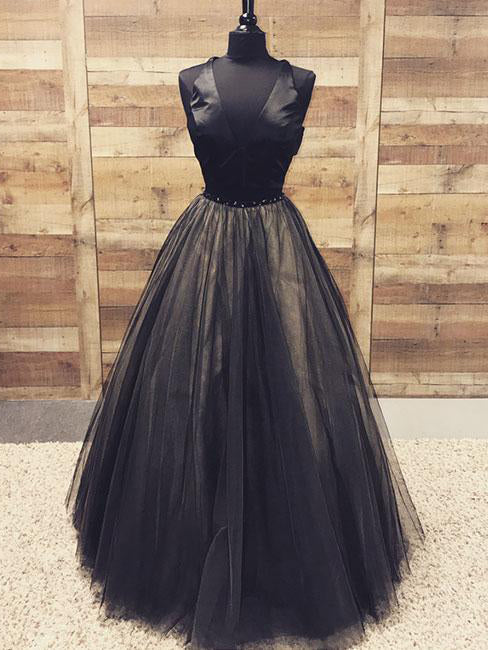 Black Prom Dresses with Straps A Line Tulle Prom Dress Long Evening Dress JKL1392|Annapromdress