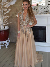 Lace Prom Dresses Aline Deep Vneck Sweep Train Long Beautiful Prom Dress JKL1393|Annapromdress