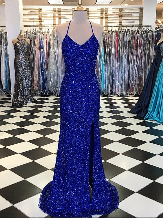 Sparkly Prom Dresses with Slit Sheath Short Train Long Royal Blue Prom Dress JKL1396|Annapromdress