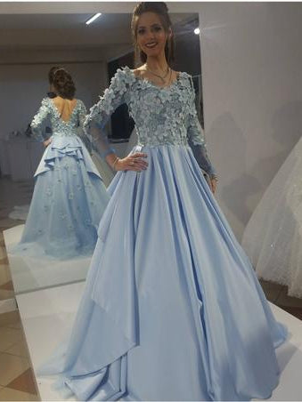 Long Sleeve Prom Dresses A Line Lace Open Back Prom Dress Long Evening Dress JKL1398|Annapromdress