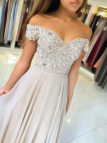 Lace Prom Dresses Aline Off-the-shoulder Sweep Train Long Beautiful Prom Dress JKL1399|Annapromdress