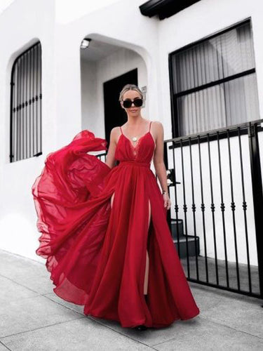 Lace Prom Dresses with Slit A Line Ankle-length Long Red Simple Prom Dress JKL1400|Annapromdress