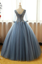 Half Sleeve Prom Dresses Floor-length Long Dusty Blue Ball Gown Prom Dress JKL1403|Annapromdress