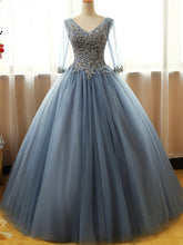 Half Sleeve Prom Dresses Floor-length Long Dusty Blue Ball Gown Prom Dress JKL1403|Annapromdress