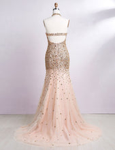 Open Back Prom Dresses Halter Rhinestone Gold Prom Dress Sexy Evening Dress JKL1409|Annapromdress
