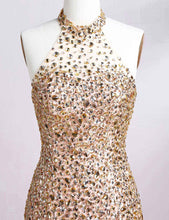 Open Back Prom Dresses Halter Rhinestone Gold Prom Dress Sexy Evening Dress JKL1409|Annapromdress