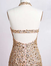 Open Back Prom Dresses Halter Rhinestone Gold Prom Dress Sexy Evening Dress JKL1409|Annapromdress