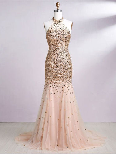 Open Back Prom Dresses Halter Rhinestone Gold Prom Dress Sexy Evening Dress JKL1409|Annapromdress