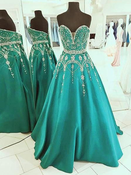 Sparkly Prom Dresses Sweetheart A-line Hunter Green Long Rhinestone Prom Dress JKL1410|Annapromdress