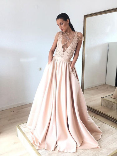 Beautiful Prom Dresses with Pockets Aline Sweep Train Sexy Chic Embroidery Prom Dress JKL1411|Annapromdress
