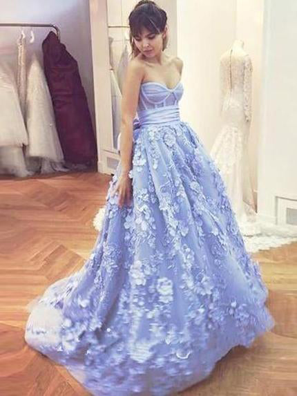 Chic Prom Dresses Aline Sweetheart Floral Lace Sweep Train Lavender Long Prom Dress JKL1413|Annapromdress