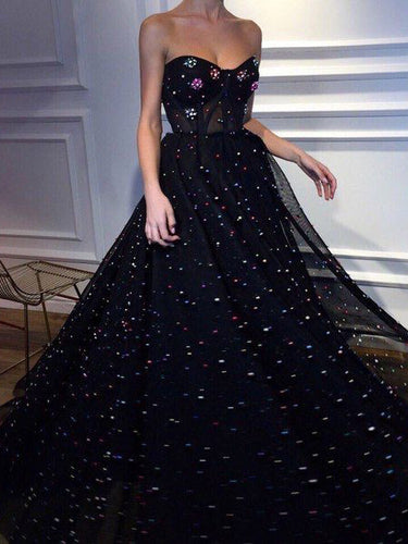 Black Prom Dresses A-line Sweetheart Colorful Pearls Long Sparkly Prom Dress JKL1415|Annapromdress