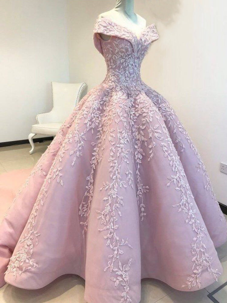 Sparkly Prom Dresses Off-the-shoulder Long Embroidery Pink Luxury Prom –  Anna PromDress