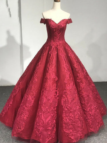 Ball Gown Prom Dresses Off-the-shoulder Long Chic Lace Burgundy Prom Dress JKL1421|Annapromdress