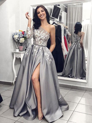 Long Sleeve Prom Dresses with Pockets Aline Slit One Shoulder Long Prom Dress JKL1427|Annapromdress