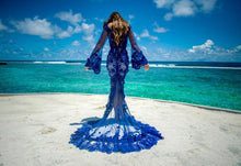 Long Sleeve Prom Dresses V-neck Lace Royal Blue Mermaid Open Back Prom Dress JKL1428|Annapromdress