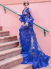 Long Sleeve Prom Dresses V-neck Lace Royal Blue Mermaid Open Back Prom Dress JKL1428|Annapromdress