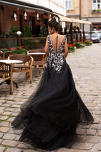 Black Prom Dresses Scoop Aline Sweep Train Long Sheer Lace Prom Dress JKL1431|Annapromdress