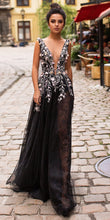 Black Prom Dresses Scoop Aline Sweep Train Long Sheer Lace Prom Dress JKL1431|Annapromdress