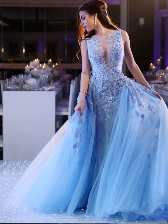 Beautiful Prom Dresses Aline Appliques Blue Long Lace Chic Prom Dress JKL1434|Annapromdress