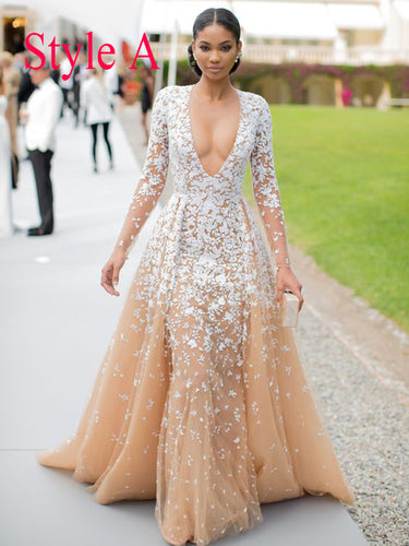 Long Sleeve Prom Dresses V-neck Lace Sweep Train Deep V Sexy Prom Dress JKL1435|Annapromdress