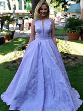 Chic Prom Dresses Scoop A-line Long Lilac Jacquard Satin Prom Dress JKL1436|Annapromdress