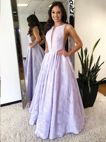 Chic Prom Dresses Scoop A-line Long Lilac Jacquard Satin Prom Dress JKL1436|Annapromdress