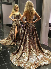 Open Back Prom Dresses Spaghetti Straps Aline Print Prom Dress Slit Evening Dress JKL1440|Annapromdress
