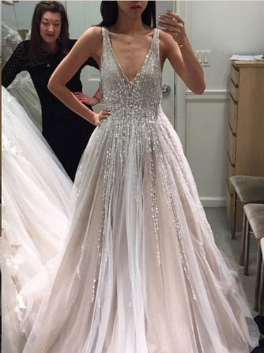 Backless Prom Dresses with Straps Aline Long Beading Open Back Deep V Sparkly Prom Dress JKL1442|Annapromdress