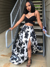 Two Piece Prom Dresses Spaghetti Straps Black and White Prom Dress Floral Print Evening Dress JKL1446|Annapromdress