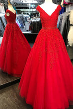 Red Prom Dresses V-neck Aline Long Appliques Sweep Train Sparkly Prom Dress JKL1447|Annapromdress