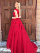 Red Prom Dresses V-neck Aline Long Appliques Sweep Train Sparkly Prom Dress JKL1447|Annapromdress