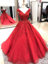 Red Prom Dresses V-neck Aline Long Appliques Sweep Train Sparkly Prom Dress JKL1447|Annapromdress