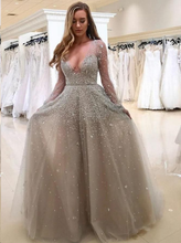 Long Sleeve Prom Dresses A Line Deep V Open Back Sexy Spparkly Prom Dress JKL1448|Annapromdress