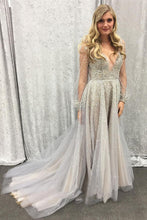 Long Sleeve Prom Dresses A Line Deep V Open Back Sexy Spparkly Prom Dress JKL1448|Annapromdress