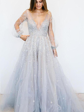 Long Sleeve Prom Dresses A Line Deep V Open Back Sexy Spparkly Prom Dress JKL1448|Annapromdress