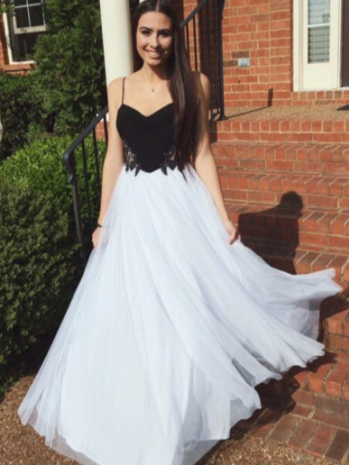 Cute Prom Dresses A Line Spaghetti Straps Sexy Long Black and White Prom Dress JKL1453|Annapromdress