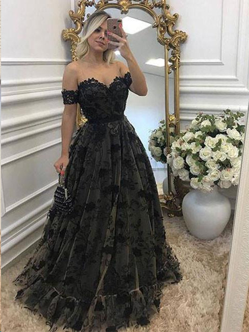 Black Prom Dresses Aline Off-the-shoulder Long Beautiful Lace Prom Dress JKL1457|Annapromdress