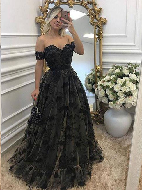 Black Prom Dresses Aline Off-the-shoulder Long Beautiful Lace Prom Dre –  Anna PromDress