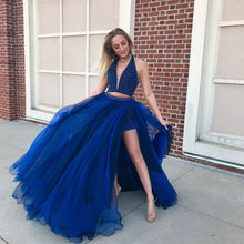 Two Piece Prom Dresses with Slit A Line Halter Sexy Long Royal Blue Prom Dress JKL1458|Annapromdress
