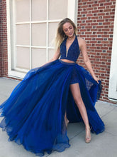 Two Piece Prom Dresses with Slit A Line Halter Sexy Long Royal Blue Prom Dress JKL1458|Annapromdress