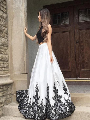 Two Piece Prom Dresses Aline Key Hole Back Long Black and White Chic Prom Dress JKL1460|Annapromdress