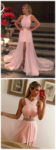 Boho Prom Dresses with Straps Blush Pink Aline Long Slit Prom Dress Sexy Evening Dress JKL1461|Annapromdress
