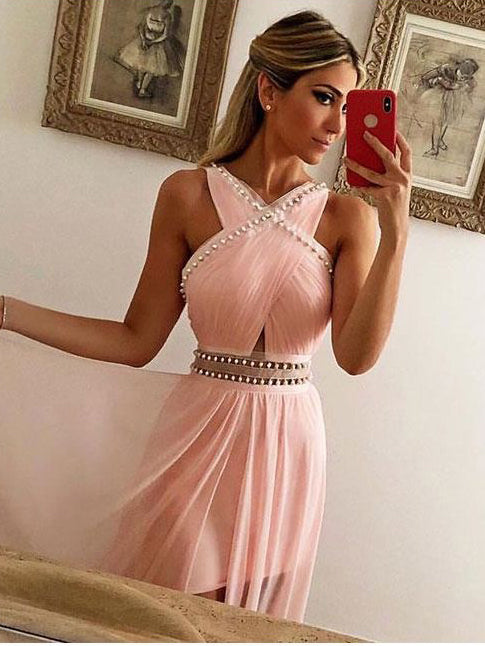 Boho Prom Dresses with Straps Blush Pink Aline Long Slit Prom Dress Sexy Evening Dress JKL1461|Annapromdress
